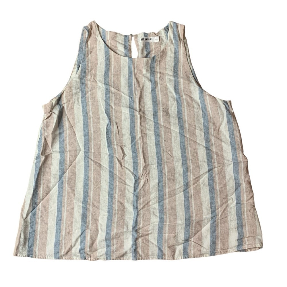 💜 Signature by Reitmans Striped Linen Blend Sleeveless Top - Blue & Tan - Size M